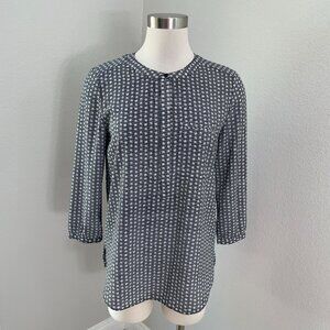 NYDJ Womens Small Black White Geometric 3/4 Sleeve Blouse Pleated Back Shirt Top